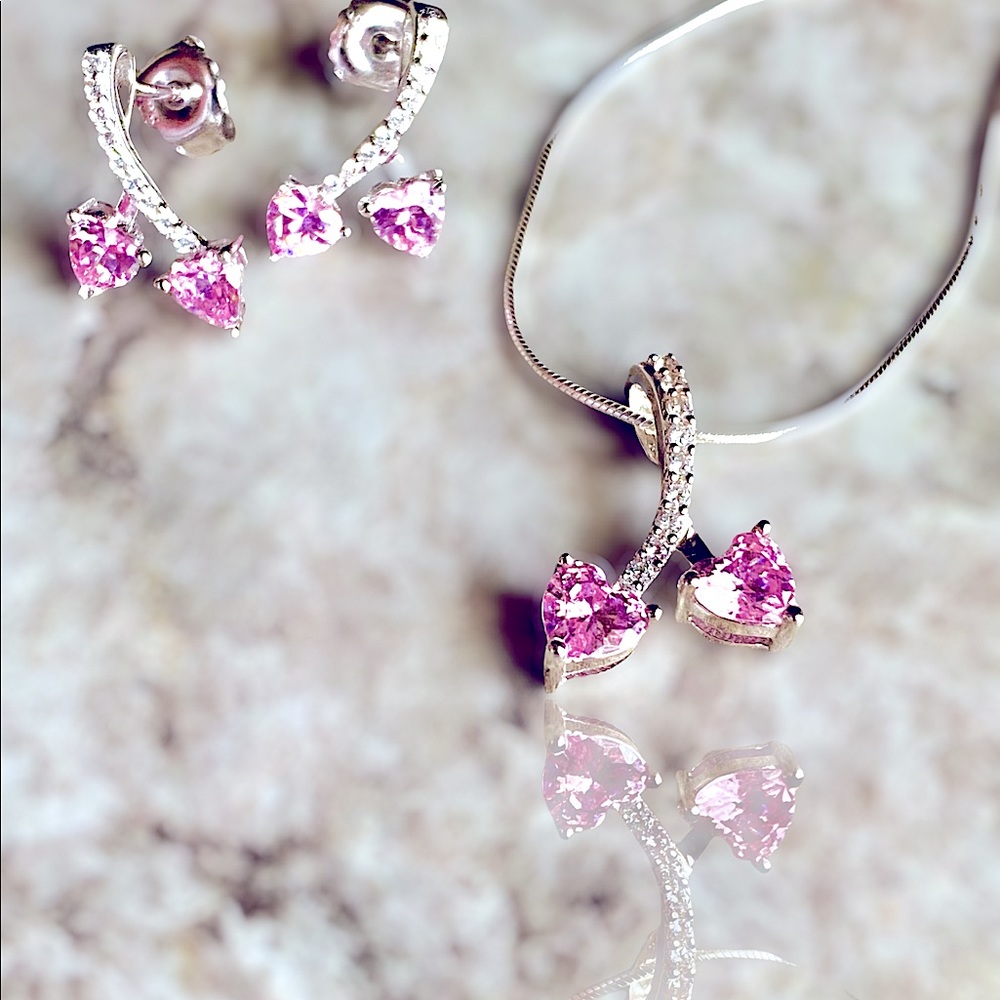 925 Sterling Silver Hearts In Cherries Pink Set